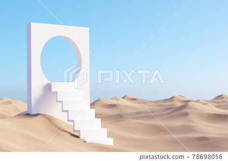 Surreal desert landscape with white staircases on sand Surreal desert landscape with white staircases on sand 78698056