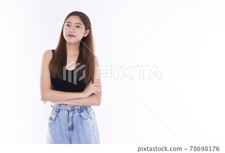 Pretty girl smile looking at product presentation advertisement. Pretty girl smile looking at product presentation advertisement. 78698176