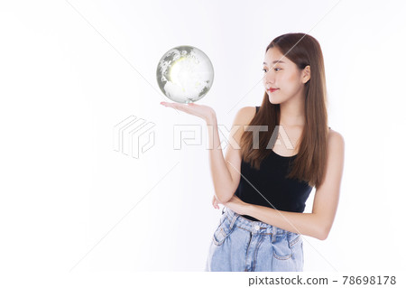 Happiness woman looking at earth in own hands symbol for in the future. Lifestyle concept. Happiness woman looking at earth in own hands symbol for in the future. Lifestyle concept. 78698178