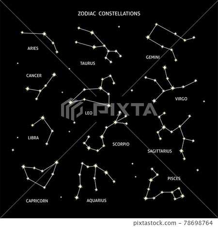 Zodiac constellation signs set isolated on black background Zodiac constellation signs set isolated on black background 78698764