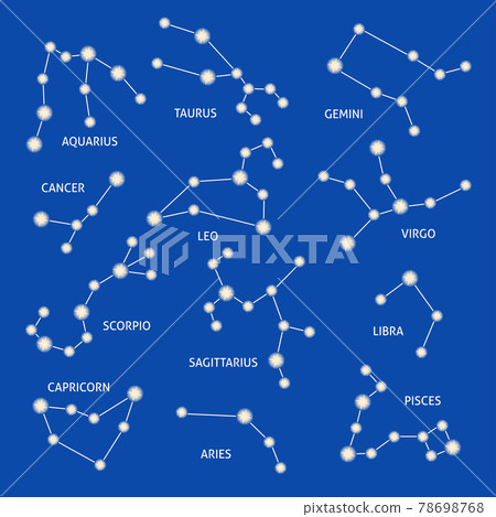 Zodiac constellation symbols collection isolated on blue background Zodiac constellation symbols collection isolated on blue background 78698768