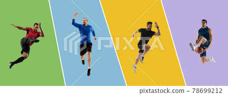 Collage of different professional sportsmen, fit people isolated on color background. Flyer. 78699212