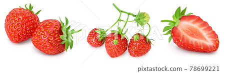 Strawberry and half isolated on white background. Fresh berry with full depth of field. Set or collection 78699221