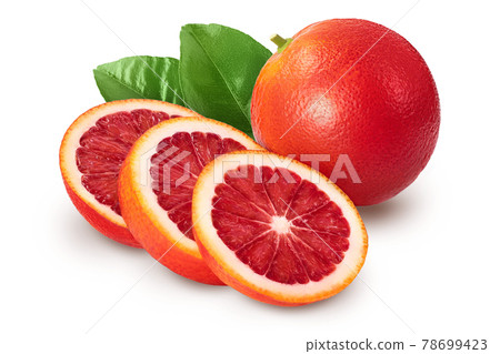 Blood red oranges with slices isolated on white background with clipping path and full depth of field 78699423