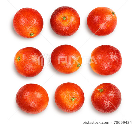 Blood red oranges isolated on white background with clipping path and full depth of field. Top view. Flat lay. Set or collection 78699424
