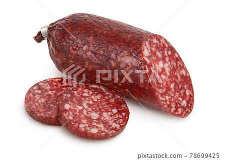 Smoked sausage salami isolated on white background with clipping path and full depth of field Smoked sausage salami isolated on white background with clipping path and full depth of field 78699425