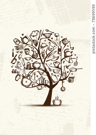 Art tree with kitchen utensils, sketch drawing for your design 78699599