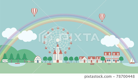 鄉村和城市的風景，有彩虹的天空和摩天輪。 78700448