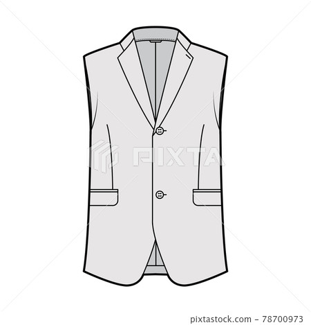 Sleeveless jacket lapelled vest waistcoat technical fashion illustration with single breasted, button-up closure, pocket Sleeveless jacket lapelled vest waistcoat technical fashion illustration with single breasted, button-up closure, pocket 78700973
