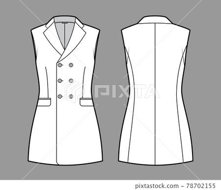 Sleeveless jacket lapelled vest waistcoat technical fashion illustration with double breasted fitted body, pockets. Flat Sleeveless jacket lapelled vest waistcoat technical fashion illustration with double breasted fitted body, pockets. Flat 78702155