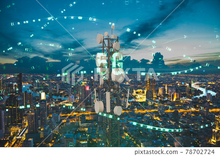 Telecommunication tower with 5G cellular network antenna on night city background, Digital big data concept Telecommunication tower with 5G cellular network antenna on night city background, Digital big data concept 78702724