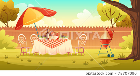 BBQ party on backyard with cooking grill 78707096