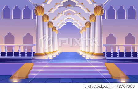 Castle corridor with staircase, columns and arches Castle corridor with staircase, columns and arches 78707099