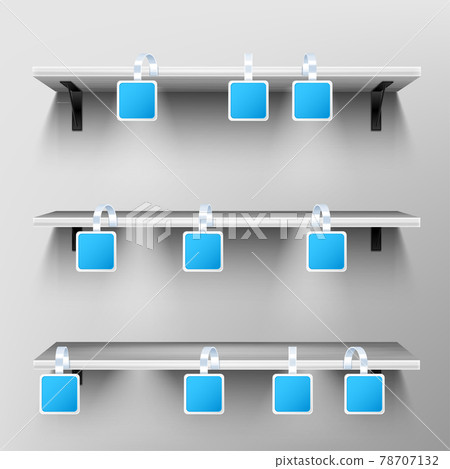 Wobblers on wooden shelves. Blank price tags. Wobblers on wooden shelves. Blank price tags. 78707132