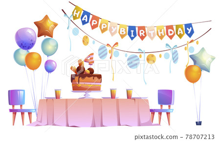 Kids birthday party decoration and festive cake 78707213