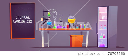 Chemical laboratory interior with glass flasks 78707260