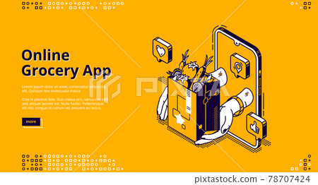 Online grocery app isometric landing page, banner Online grocery app isometric landing page, banner 78707424