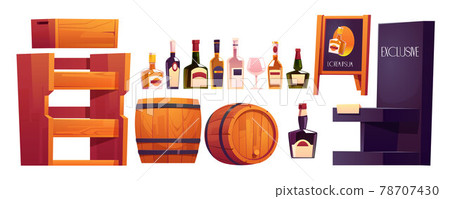 Bottles with alcohol, wooden shelves and barrel Bottles with alcohol, wooden shelves and barrel 78707430