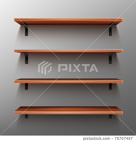Empty wooden shelves on gray wall Empty wooden shelves on gray wall 78707487
