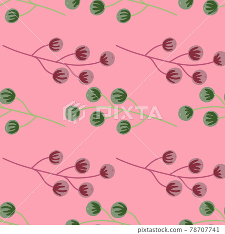 Green and purple colored berry print seamless nature pattern. Pink bright background. Doodle ornament. 78707741
