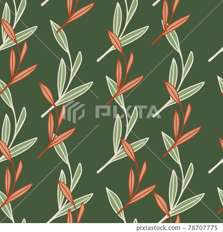 Decorative seamless doodle pattern with herbal pink and white outline foliage shapes. Green background. 78707775