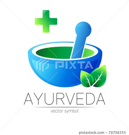 Ayurvedic Creative vector logotype or symbol. Mortar and pestle concept for business, medicine, therapy, pharmacy. Herbal Logo ayurveda Design for label. Simple bowl and leaf, cross. 78708355