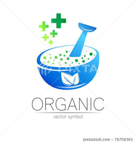 Organic vector symbol in blue color. Concept logo with green cross for business. Herbal sign for medicine, homeopathy, therapy and pharmacy. Emblem with mortar, leaf and pestle on white background. 78708363