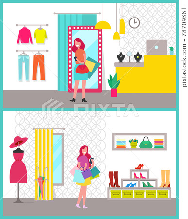 Women Shopping Posters Set Vector Illustration 78709361