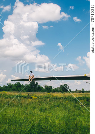 Close-up of a crashed airplane wing. The metal frame and internal parts are visible. Pieces of upholstery and fabric upholstery blow in the wind. Rust and debris 78710313