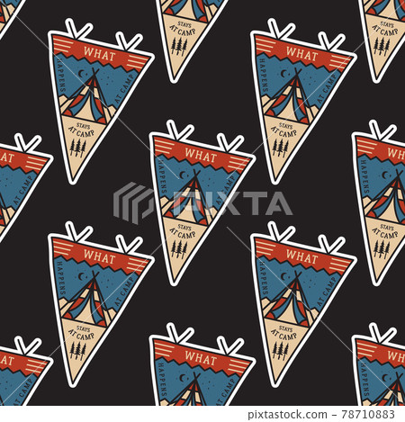 Camping adventure pennants pattern. Mountain explorer seamless background with tent and text. Stock vector wallpaper 78710883