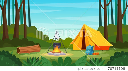 Summer camp in forest with bonfire, tent, backpack 78711106