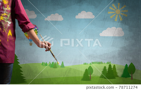 Close up artist hand holding paintbrush 78711274