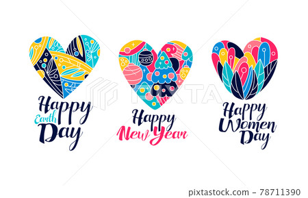 Happy Holidays Cards Set, Earth, Women Day, New Year Banner, Flyer, Invitation Design Cartoon Vector Illustration 78711390