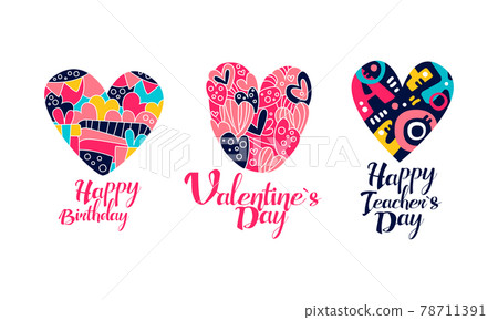 Happy Holidays Cards Set, Birthday, Valentine, Teachers Day Banner, Flyer, Invitation Design Cartoon Vector Illustration 78711391