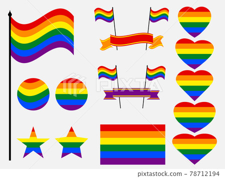 Collection of LGBT symbols. Hearts, stars and circles with rainbow LGBT flag. Sexual minorities, gays and lesbians, transgender people. Design for banner and poster. Vector illustration Collection of LGBT symbols. Hearts, stars and circles with rainbow LGBT flag. Sexual minorities, gays and lesbians, transgender people. Design for banner and poster. Vector illustration 78712194