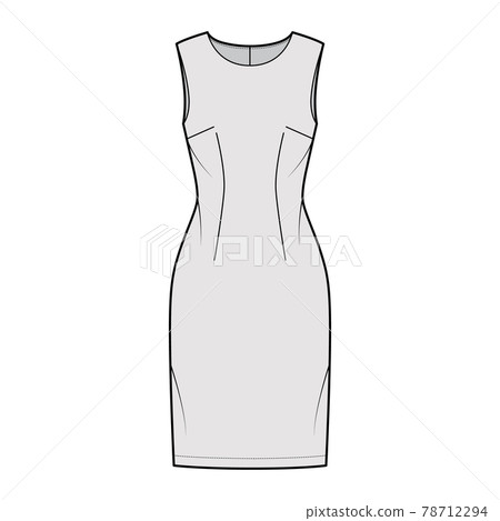 Dress sheath technical fashion illustration with sleeveless, fitted body, knee length pencil skirt. Flat apparel front 78712294