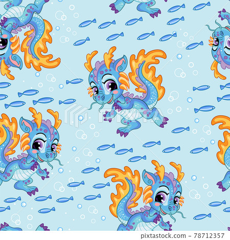 Seamless vector pattern cute cartoon water dragon and fishes 78712357