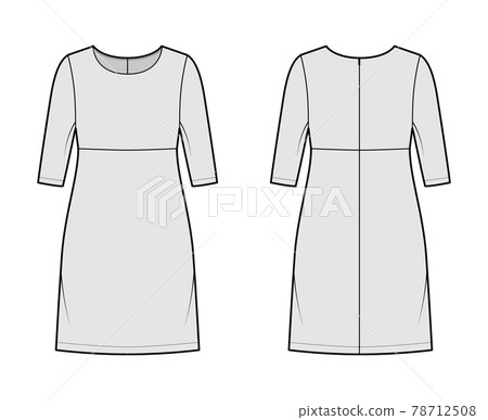 Dress empire line technical fashion illustration with elbow sleeves, oversized body, knee length A-line skirt apparel 78712508