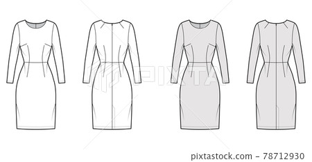 Dress sheath technical fashion illustration with long sleeves, fitted body, natural waistline, pencil skirt Flat apparel 78712930
