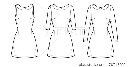 Set of Dresses A-line technical fashion illustration with long elbow short sleeves sleeveless, peter pan collar, fitted 78712931