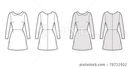 Dress A-line technical fashion illustration with long sleeve, peter pan collar, fitted body, above-the-knee length skirt 78712932