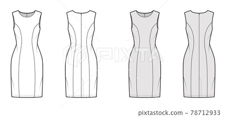Dress princess line technical fashion illustration with sleeveless, fitted body, knee length pencil skirt. Flat apparel  78712933