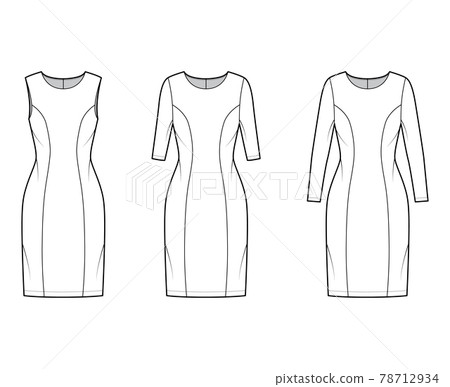 Set of Dresses princess line technical fashion illustration with long short sleeve, fitted body knee length pencil skirt Set of Dresses princess line technical fashion illustration with long short sleeve, fitted body knee length pencil skirt 78712934