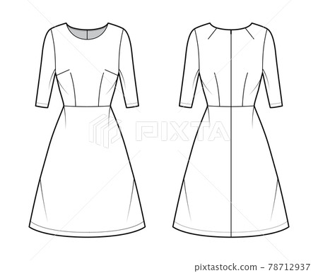 Dress A-line technical fashion illustration with elbow sleeves, fitted body, natural waistline, knee length skirt. Flat Dress A-line technical fashion illustration with elbow sleeves, fitted body, natural waistline, knee length skirt. Flat 78712937