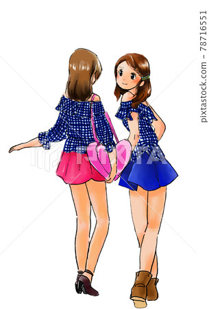 Illustration of a duo of girls dressed in gingham check 78716551
