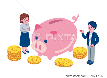Illustration of men and women having doubts about money Illustration of men and women having doubts about money 78717169