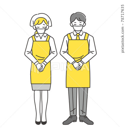 男女圍裙鞠躬/口罩/超市/餐廳的矢量插圖 男女圍裙鞠躬/口罩/超市/餐廳的矢量插圖 78717635