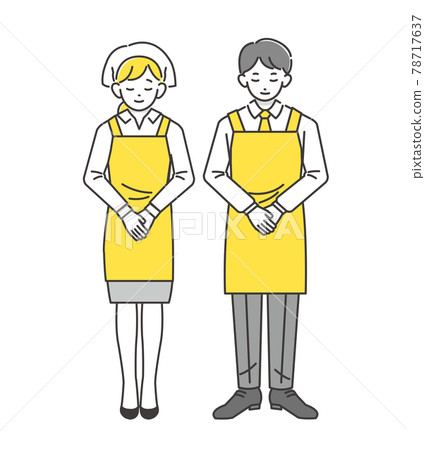 男人和女人在圍裙鞠躬/超市/餐廳的矢量插圖 男人和女人在圍裙鞠躬/超市/餐廳的矢量插圖 78717637