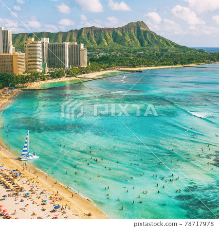 Hawaii waikiki beach in Honolulu city, aerial view of Diamond Head famous landmark travel destination. Mountain peak at sunset, Oahu island, USA vacation. Hawaii waikiki beach in Honolulu city, aerial view of Diamond Head famous landmark travel destination. Mountain peak at sunset, Oahu island, USA vacation. 78717978