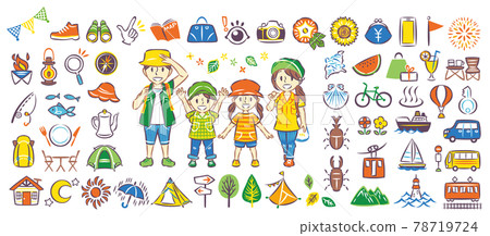 Family icon illustration set to enjoy outdoor leisure sightseeing and travel during summer vacation 78719724